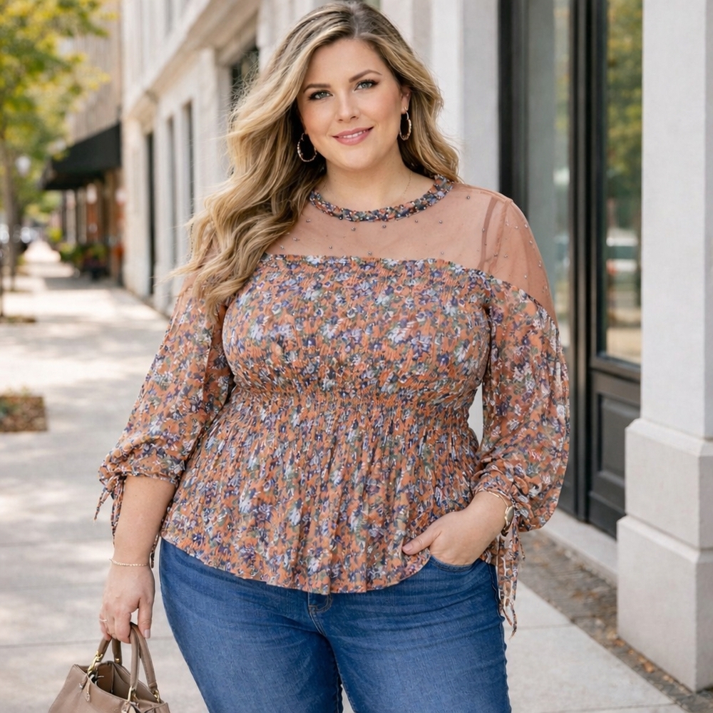 Pretty Angel Silk Blend Mesh Blouse Floral Sheer Yoke Smocked Boho Top